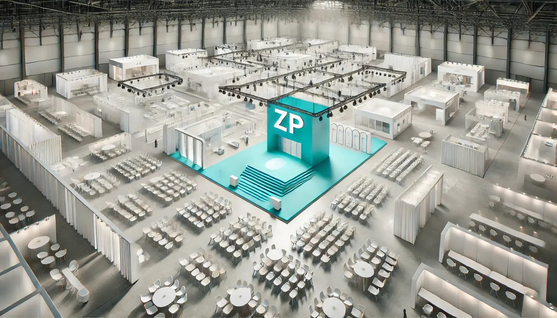 DALL·E 2025-02-05 14.16.58 - A realistic birds-eye view of a large exhibition hall with bright white and light-colored interiors. The hall features multiple stages with rows of c
